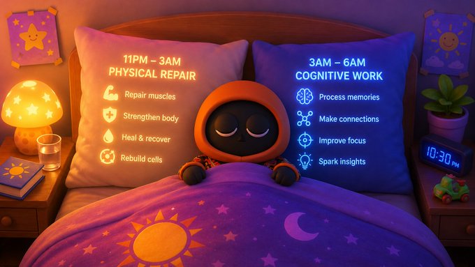A 3D-rendered illustration of a small character sleeping in a bed with two informational pillows: the left orange pillow reads '11PM - 3AM PHYSICAL REPAIR' with bullet points for 'Repair muscles', 'Strengthen body', 'Heal & recover', and 'Rebuild cells', while the right blue pillow reads '3AM - 6AM COGNITIVE WORK' with points for 'Process memories', 'Make connections', 'Improve focus', and 'Spark insights'.