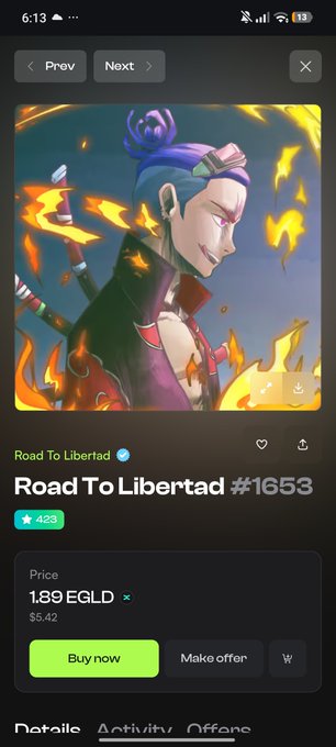 A mobile app screenshot displaying an NFT titled 'Road To Libertad #1653' priced at 1.89 EGLD ($5.42), featuring an anime-style character with flames.