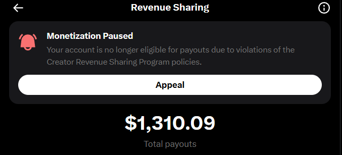 A similar 'Revenue Sharing' app screen showing 'Monetization Paused' with an 'Appeal' button and '$1,310.09 Total payouts' displayed below.