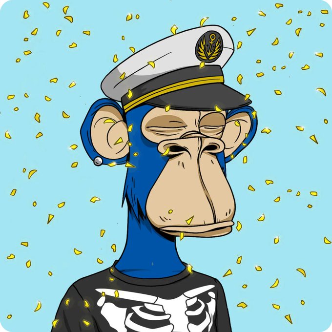 An illustration of a Bored Ape-style NFT character with blue fur wearing a captain's hat and a black t-shirt with a skeleton ribcage design, set against a light blue background with yellow confetti falling around it.