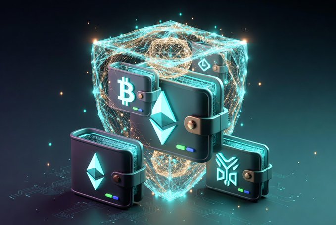 A 3D digital illustration of cryptocurrency wallets displaying Bitcoin, Ethereum, and other digital assets surrounding a glowing cube.