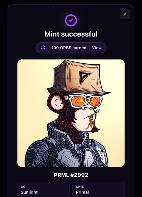 A 'Mint successful' screen displays a cyberpunk monkey NFT labeled 'PRML #2992' with 'Sunlight' background and 'Primal' skin, earning +100 ORBS.
