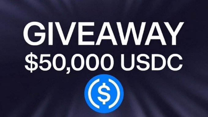 A promotional graphic announcing a 'GIVEAWAY $50,000 USDC' featuring the USDC blue logo on a dark background.