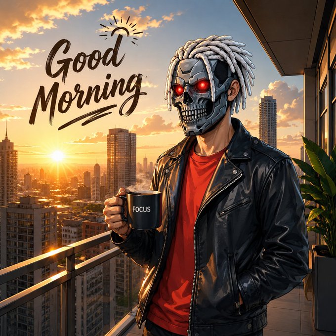 A cyborg character with glowing red eyes and white dreadlocks holds a steaming mug labeled "FOCUS" while standing on a high-rise balcony overlooking a city at sunrise, beneath handwritten "Good Morning" text.

The image ties into the post by pairing the warm sunrise greeting with a tough, cyberpunk vibe—reinforcing the "Good morning CT, Happy Sunday" message through its bold character and motivational "FOCUS" mug.