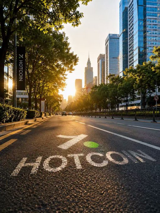 The image shows a city street with buildings lining both sides, including skyscrapers that reach towards the sky. The sun is setting behind these buildings, casting long shadows across the scene. In the foreground of the photo, there's a white sign with black text that reads "Hotcoin". This sign appears to be placed on the side of the road or in front of a building, possibly indicating an event or promotion related to cryptocurrency. The image also contains some text about the post and its purpose, which is to promote the use of cryptocurrency for trading purposes.