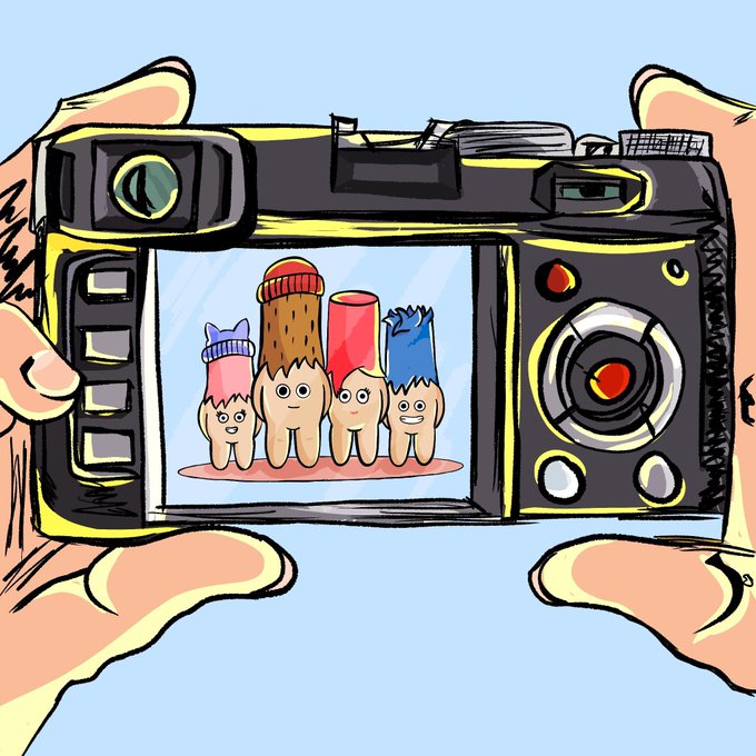 A cartoon illustration shows hands holding a digital camera, with the LCD screen displaying a whimsical photo of four smiling teeth characters with colorful cartoon hair standing on a pink surface.