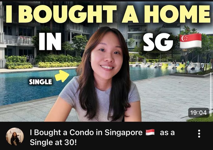 A YouTube thumbnail showing a smiling woman with the text 'I BOUGHT A HOME IN SG' and a Singapore flag, titled 'I Bought a Condo in Singapore as a Single at 30!'