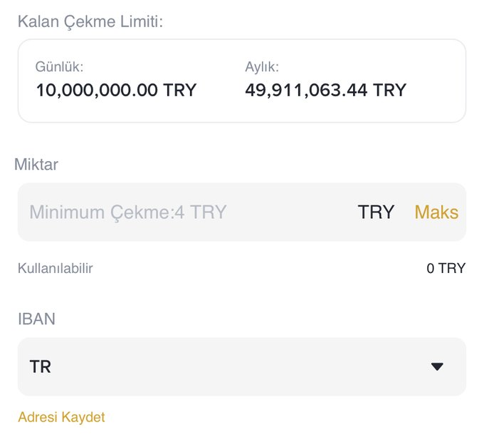 The image shows a Turkish-language cryptocurrency withdrawal interface (likely Binance TR) displaying remaining withdrawal limits of 10,000,000.00 TRY daily and 49,911,063.44 TRY monthly, with an empty amount field showing a minimum withdrawal of 4 TRY and an IBAN selection dropdown. This screenshot supports the post's claim of withdrawing large amounts without issues, as the visible limits demonstrate the platform's capacity to handle substantial transactions like the mentioned 300,000 TRY.