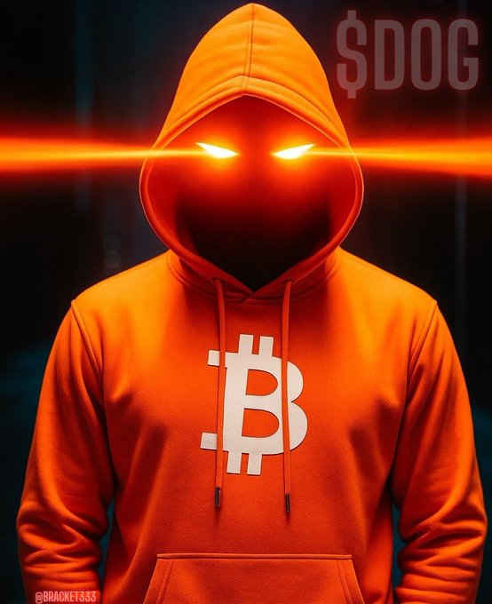 A digital artwork of a figure in an orange hoodie with a Bitcoin logo, featuring glowing red laser eyes and '@BRACKET333' in the bottom corner, with '$DOG' partially visible in the top right.