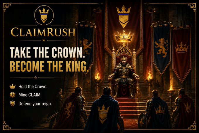 A promotional graphic for 'CLAIMRUSH' featuring a king on a throne with the text 'TAKE THE CROWN. BECOME THE KING.' and options to hold the crown, mine CLAIM, and defend your reign.