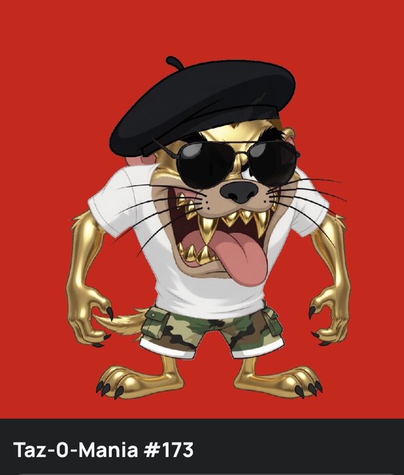 A cartoon illustration labeled 'Taz-O-Mania #173' featuring the Tasmanian Devil from Looney Tunes wearing a black beret, sunglasses, white t-shirt, and camouflage shorts against a red background.