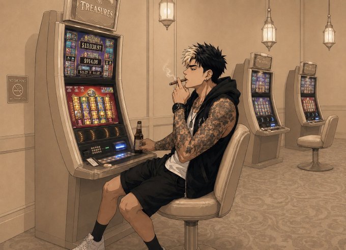 An anime-style illustration of a tattooed young man smoking a cigarette while sitting at a slot machine labeled 'TREASURES' in a casino setting.