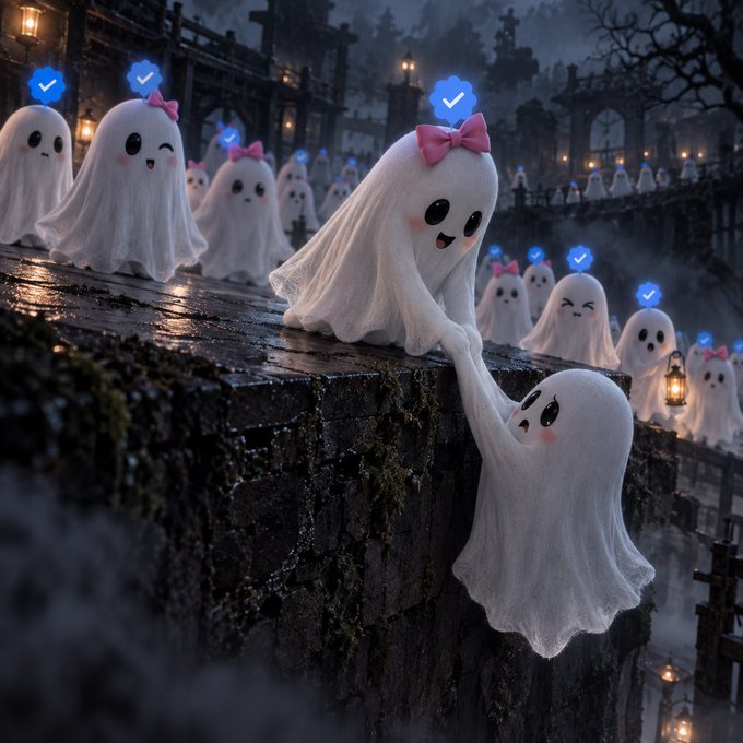 A whimsical Halloween-themed illustration shows cute cartoon ghosts with pink bows on a stone bridge in a dark, atmospheric cemetery, with several ghosts displaying blue verification checkmarks above them.