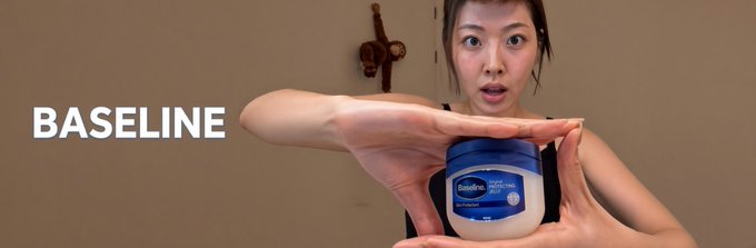 A woman holds a large Vaseline container with both hands, looking surprised, next to the word 'BASELINE' on a beige background.