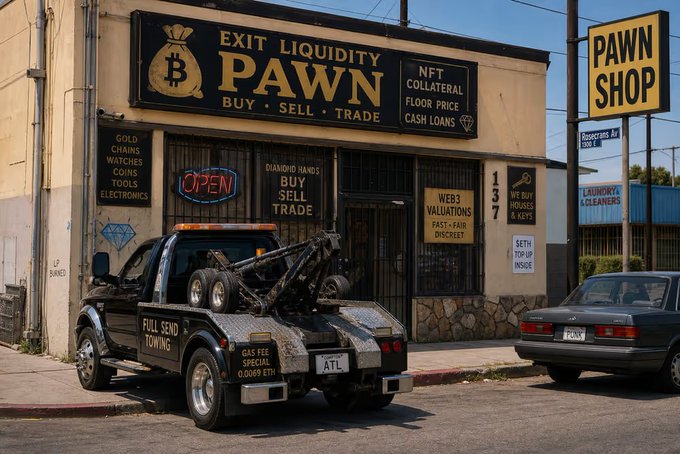 An exterior photo of an 'Exit Liquidity Pawn Shop' offering to buy, sell, and trade items like NFTs, gold, and Web3 valuations, with a black flatbed tow truck parked out front.
