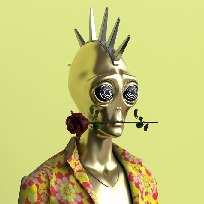 A 3D-rendered golden humanoid figure with spiral-patterned eyes, spiked crown, and a rose in its mouth, wearing a colorful floral blazer against a yellow-green background.