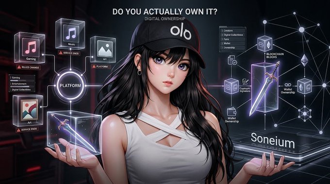 An anime-style digital illustration titled 'DO YOU ACTUALLY OWN IT?' depicts a woman in a cap surrounded by holographic icons representing digital ownership categories like Gaming, Music, and Art, connected to a 'Soneium' blockchain platform.