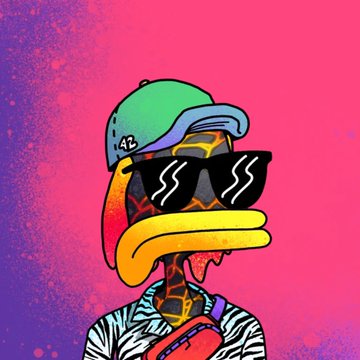 A stylized cartoon illustration of a duck-like character wearing a green backward cap, black sunglasses with white lightning bolt reflections, and a zebra-striped shirt against a vibrant pink and purple splattered background.