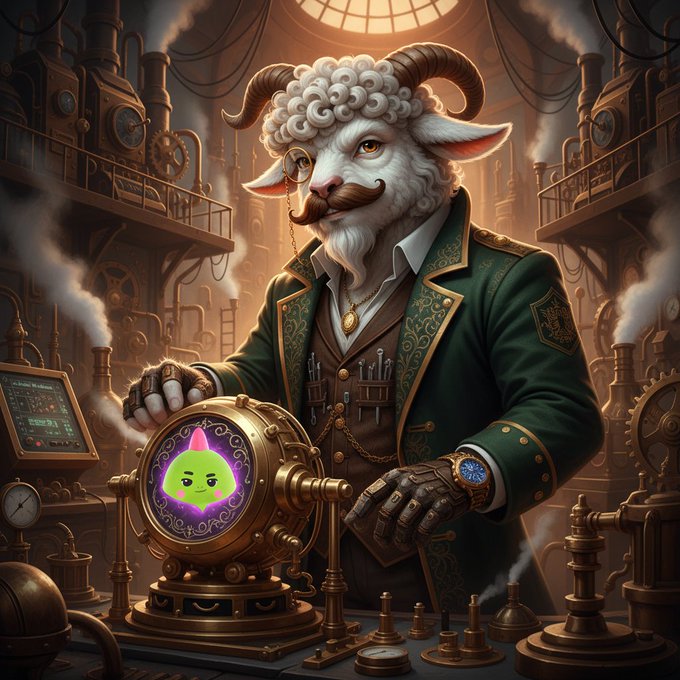 The image features a man dressed as a goat with horns, wearing a green coat and hat, standing next to a gold clock that has a green frog on it. The clock's hands are frozen at 12 o'clock. There are also several clocks in the background, indicating that this scene takes place in an area where timekeeping is important or significant.

The post seems to be related to a game called @ sleepagotchi, which involves players attempting to wrap up quests by following specific clues and completing tasks within a given timeframe. The image captures the essence of the game's theme with its focus on time management and problem-solving skills.