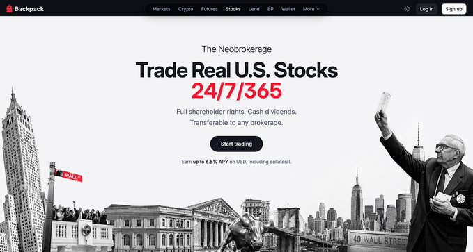 A screenshot of the homepage for Backpack, a neobrokerage platform, with the headline 'Trade Real U.S. Stocks 24/7/365', full shareholder rights, and a black-and-white collage of Wall Street imagery.