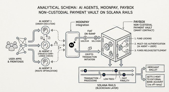 An analytical schema diagram titled 'ANALYTICAL SCHEMA: AI AGENTS, MOONPAY, PAYBOX NON-CUSTODIAL PAYMENT VAULT ON SOLANA RAILS' showing the flow from User Apps through AI Agents for order execution, fraud check, and route optimization, integrating MoonPay for fiat on-ramp and PayBox smart contract for fund locking, multi-sig authentication, and settlement on Solana rails.