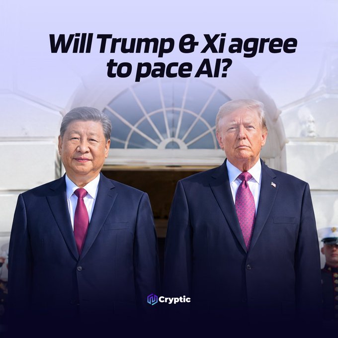 The image shows President Trump and President Xi standing together beneath the headline “Will Trump & Xi agree to pace AI?” from Cryptic, directly referencing the post’s discussion of prediction‑market odds on a 2026 AI pacing agreement at their upcoming state dinner.