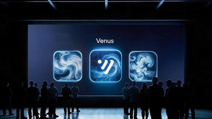 A silhouetted crowd gathers before a glowing presentation screen displaying the "Venus" name above three luminous blue icons featuring cosmic, swirling designs and a stylized "V" logo. The atmospheric, futuristic display visually reinforces the post's teaser of an upcoming institutional partnership and vault launch from the Venus protocol.