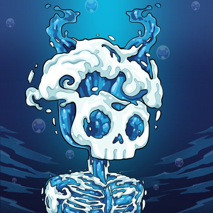 The image features a cartoon depiction of a skeleton with its head tilted back, surrounded by water droplets that appear to be falling from the sky. The background is dark blue, creating a stark contrast with the white skull and the falling water droplets. The caption below the image reads "“Oceanus” of House Order just sold for .".