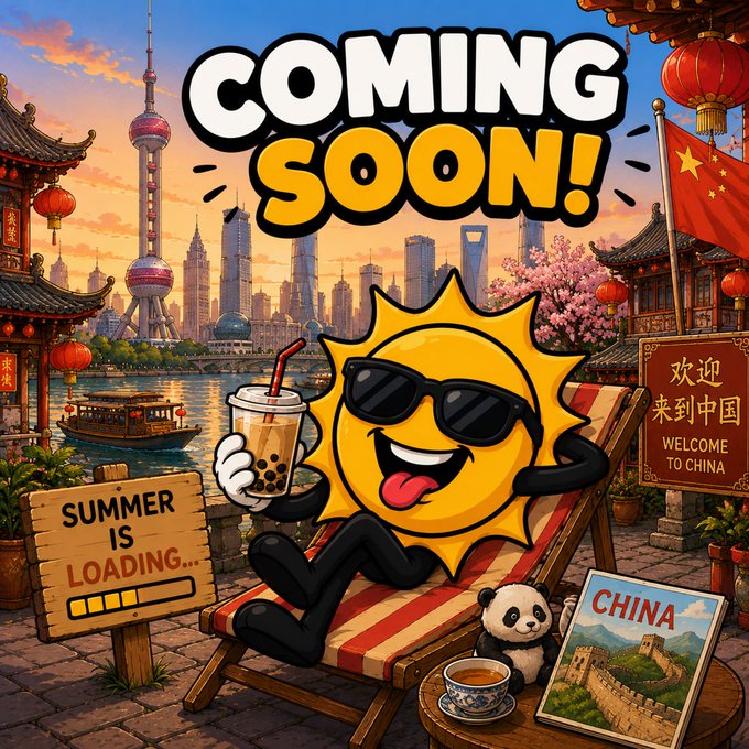 The image features a cartoon sun character sitting on a chair with sunglasses and holding a drink. The background shows a cityscape, including buildings of various sizes and a river flowing through them. There are also potted plants scattered throughout the scene. The caption at the bottom of the image reads "Summer is coming! Ready for it? Keep an eye on @summertokensol".