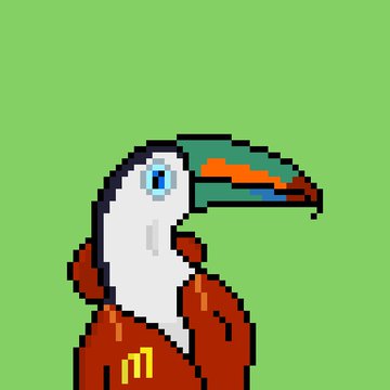 A pixel art illustration of a toucan character wearing a red McDonald's-style jacket with a yellow 'm' logo against a green background.