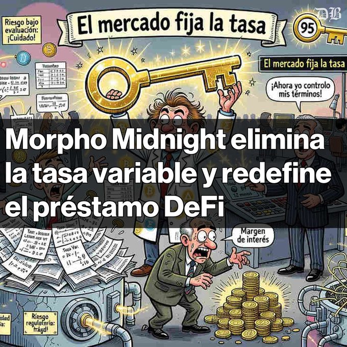 A cartoon illustration titled 'El mercado fija la tasa' (The market sets the rate) overlaid with Spanish text 'Morpho Midnight elimina la tasa variable y redefine el préstamo DeFi'.