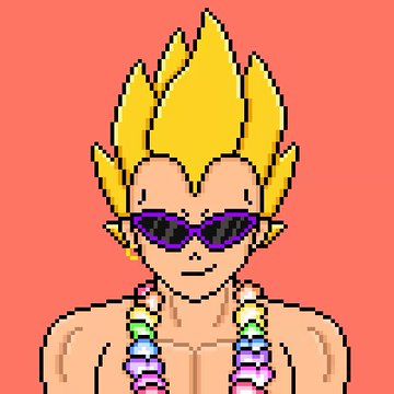 The image features a cartoon character with yellow hair, wearing sunglasses and a colorful lei around his neck. The character appears to be a fan of the character Vegeta from the animated series DragonSol. In the background, there are two more instances of the same character, indicating that this is part of a collection or series related to the character.