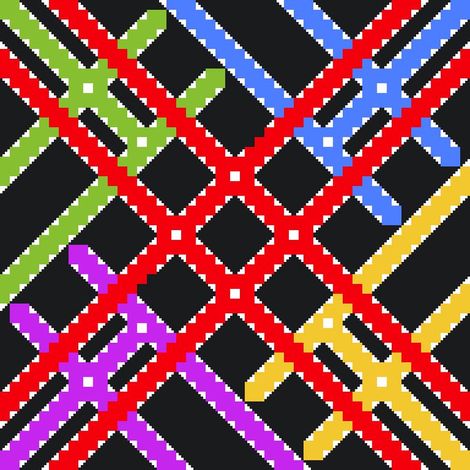 A pixel art design featuring red diagonal lines and shapes in green, blue, yellow, and purple on a black background.