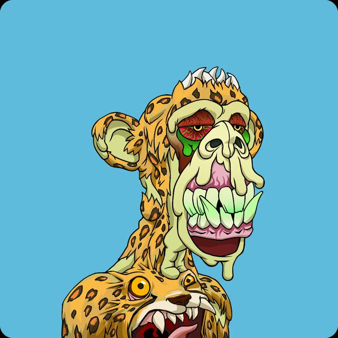 The image features a cartoon character resembling a leopard, with its mouth open wide as if ready to pounce or roar. The character has a large head and a long neck, giving it an intimidating appearance. The background of the image is blue, which contrasts with the yellow fur of the leopard-like creature. There are no texts present in the image.