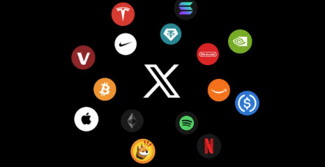 A central "X" logo is surrounded by a circle of company icons including Tesla (T), Apple, Nike, Bitcoin (₿), Spotify, Netflix (N), Nvidia, Spotify, and Coinbase (C), visually representing the diverse range of stocks and cryptocurrencies that users can now trade directly through X's integrated trading platform.