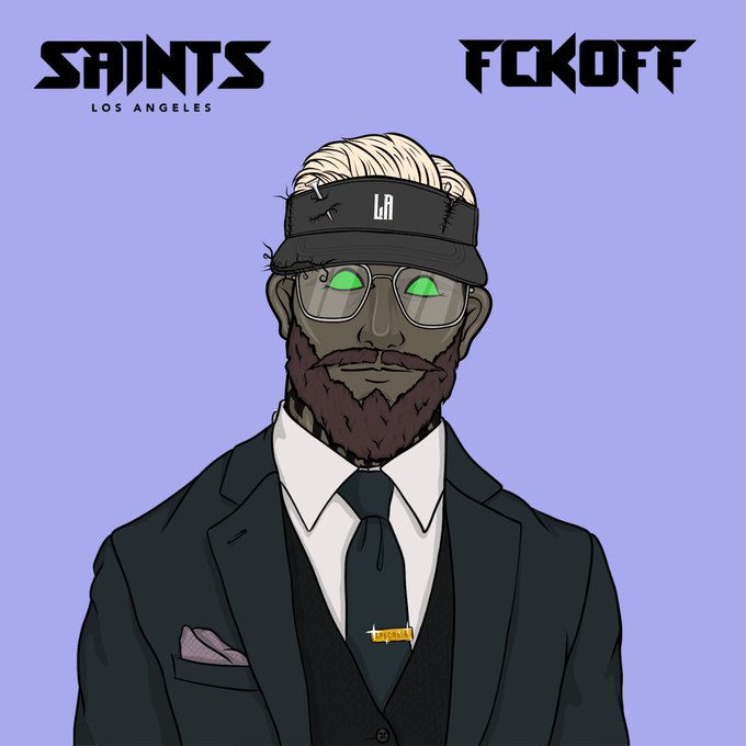 A stylized illustration shows a bearded man in a black suit, tie, and "LA" visor with glowing green eyes, set against a purple background. The text "SAINTS LOS ANGELES" appears in the top left and "FCKOFF" in the top right, reinforcing the bold, irreverent Monday energy of the post.