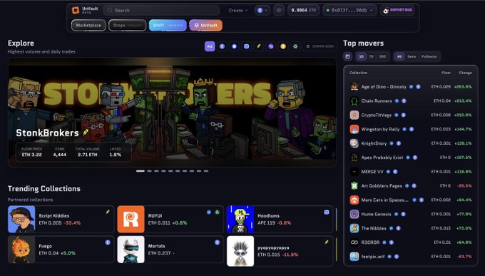 A NFT marketplace interface titled 'UnitNFT' shows trending collections including StonkBrokers, Script Kiddies, and Fuggs, along with top movers like Age of Dino - Dinosets and Chain Runners showing percentage changes.