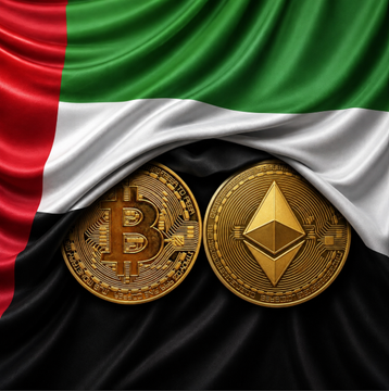 The image displays the UAE flag draped above gold Bitcoin and Ethereum coins, symbolizing the integration of institutional cryptocurrency trading in the United Arab Emirates.