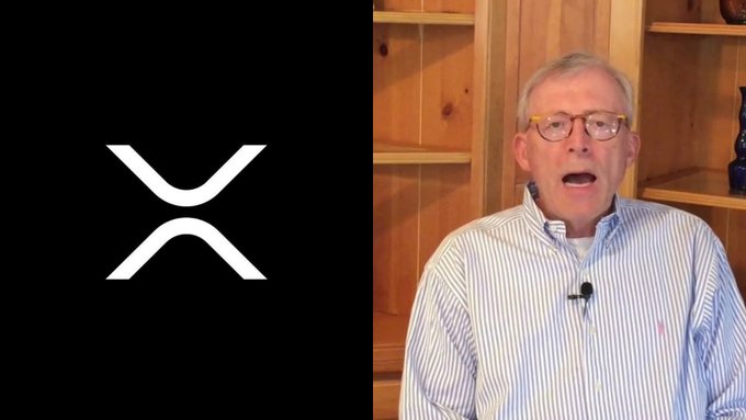 A split-screen video showing the white XRP cryptocurrency logo on the left and a man in glasses and a blue striped shirt speaking on the right, with wooden shelves in the background.