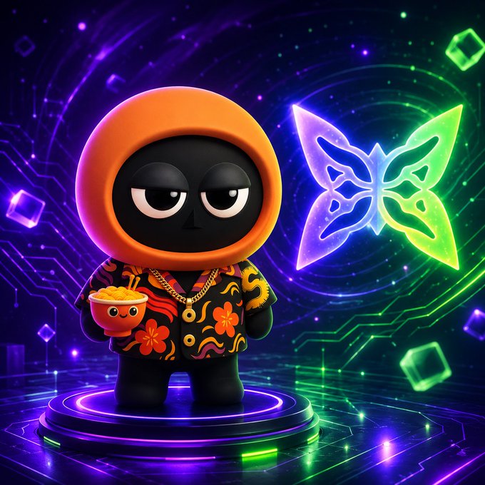 A cute black cartoon character wearing an orange hoodie and floral shirt holds a small kawaii bowl, standing on a glowing purple platform next to a vibrant neon butterfly against a cosmic background.