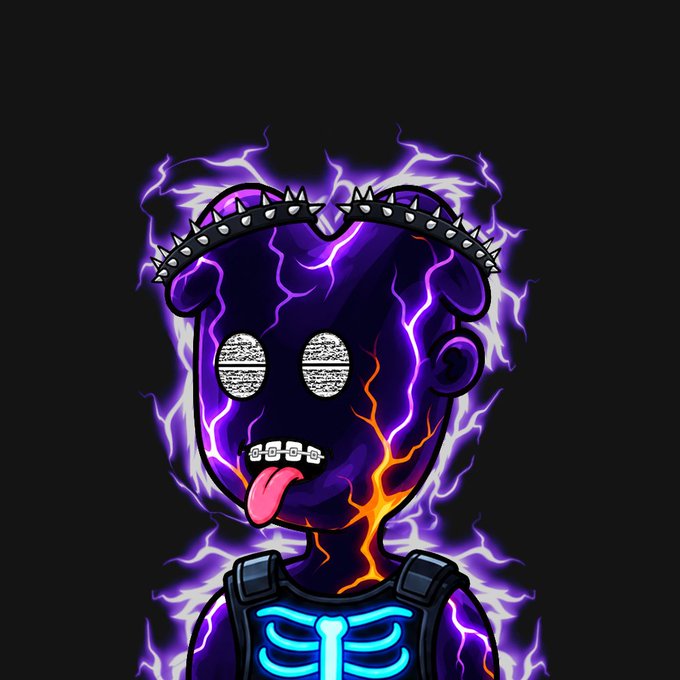 A stylized cartoon illustration of a figure with a spiked headband, glowing white eyes, and a pink tongue sticking out, surrounded by purple lightning and orange fiery cracks against a black background.