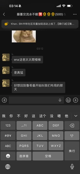 A Chinese-language group chat screenshot showing a message from "Khan" announcing that "BN中转社区" (BN Transit Community) has launched a dual-currency activity, with chat members discussing cryptocurrency investments including SPK, the meme cat image, and timestamps like "03:12" and "03:14" visible on screen.