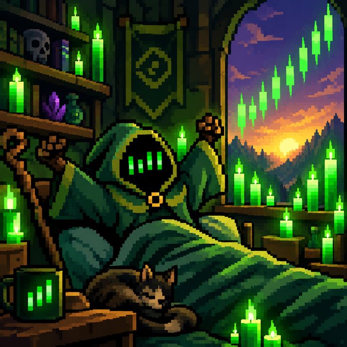 A pixel art scene of a green-cloaked figure with a digital 'mood ring' visor resting in bed, while a cat sleeps at their feet and green candlestick charts float through a sunset window.