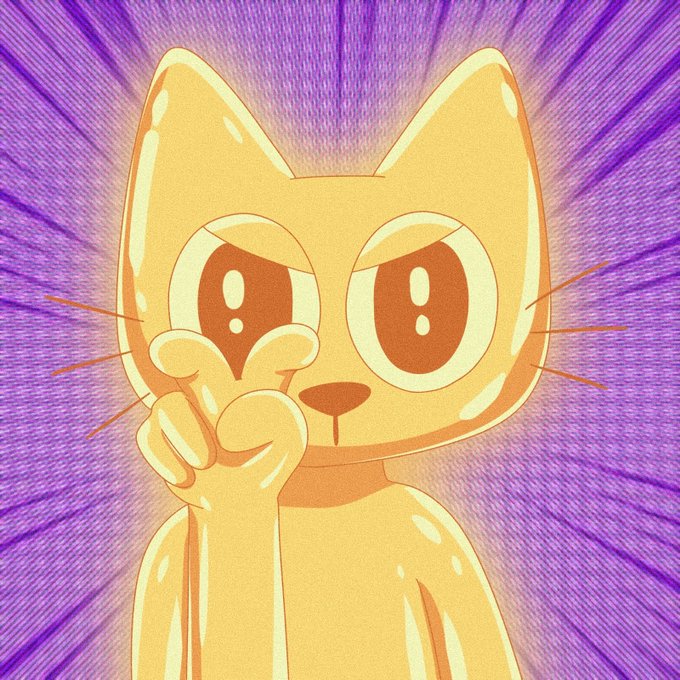 A stylized, vintage-toned illustration of a yellow cartoon cat with large brown eyes looking thoughtful, with one paw resting on its face, set against a purple background with radiating lines.
