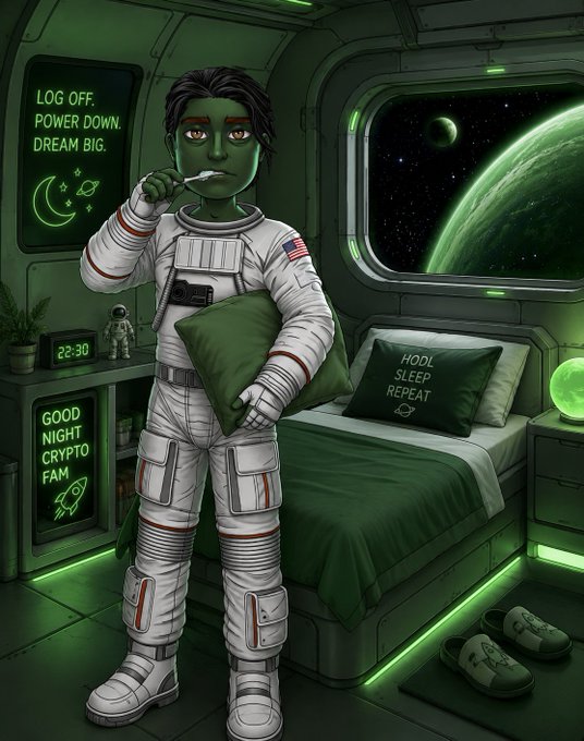 A digital illustration of a green-skinned alien astronaut in a white spacesuit brushing their teeth in a space station cabin, with a green planet visible through the window and signs reading 'LOG OFF. POWER DOWN. DREAM BIG.', 'GOOD NIGHT CRYPTO FAM', and a pillow saying 'HODL SLEEP REPEAT'.
