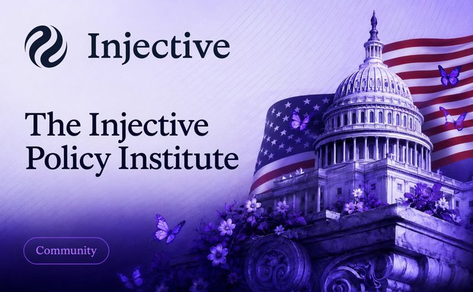 Promotional graphic for The Injective Policy Institute, featuring the Injective logo and name alongside an image of the U.S. Capitol dome with an American flag, butterflies, and purple flowers, tied to a post highlighting Chair John Medel's CNBC appearance discussing the CLARITY Act and digital asset regulation.