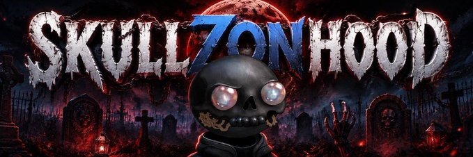 A banner for "SKULLZONHOOD" featuring a cartoonish skull character with glowing eyes against a dark gothic graveyard background with a red moon.