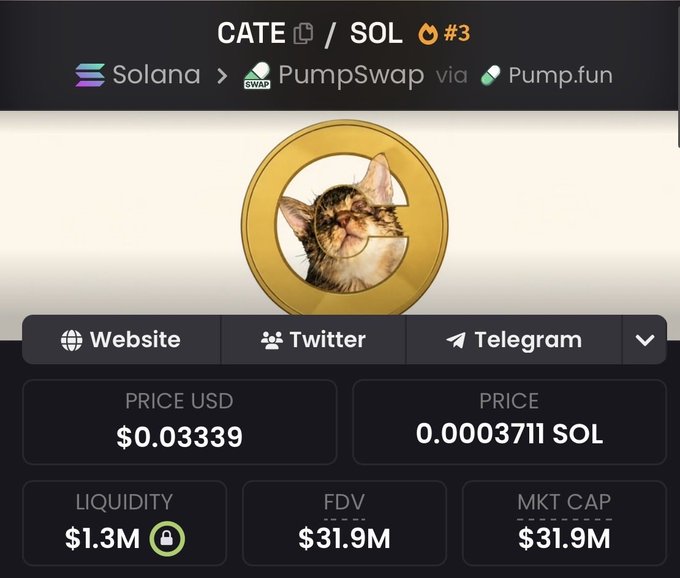 A cryptocurrency trading interface displays the CATE/SOL token pair (#3) on Solana via PumpSwap and Pump.fun, featuring a gold coin logo with a cat image, with a price of $0.03339, 0.0003711 SOL, $1.3M liquidity, and $31.9M FDV/Market Cap. The post's bullish sentiment about accumulating more CATE before reaching a 100M market cap contrasts with the image, which currently shows the token still at $31.9M—suggesting the user wants to buy in early at its current valuation before a potential run-up.