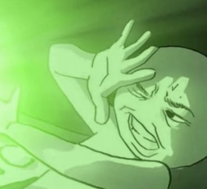 Anime-style illustration of a green-tinted character with a wide sinister grin, raising their hand in a dramatic pose.