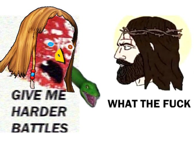 The image is a two-panel meme: the left panel features a crudely edited "Gyatt" character (disfigured face, blonde wig, and a snake) with the text "GIVE ME HARDER BATTLES," while the right panel shows a stoic Jesus with the caption "WHAT THE FUCK," expressing exasperated disbelief.

The accompanying post from a crypto influencer named Frittata jokes about buying "Xavier tokens" on a discount during a market-wide selloff (red candles), with the meme humorously conveying their frustration that the token continues dropping despite the "challenge"—poking fun at bag-holders bracing for further losses.